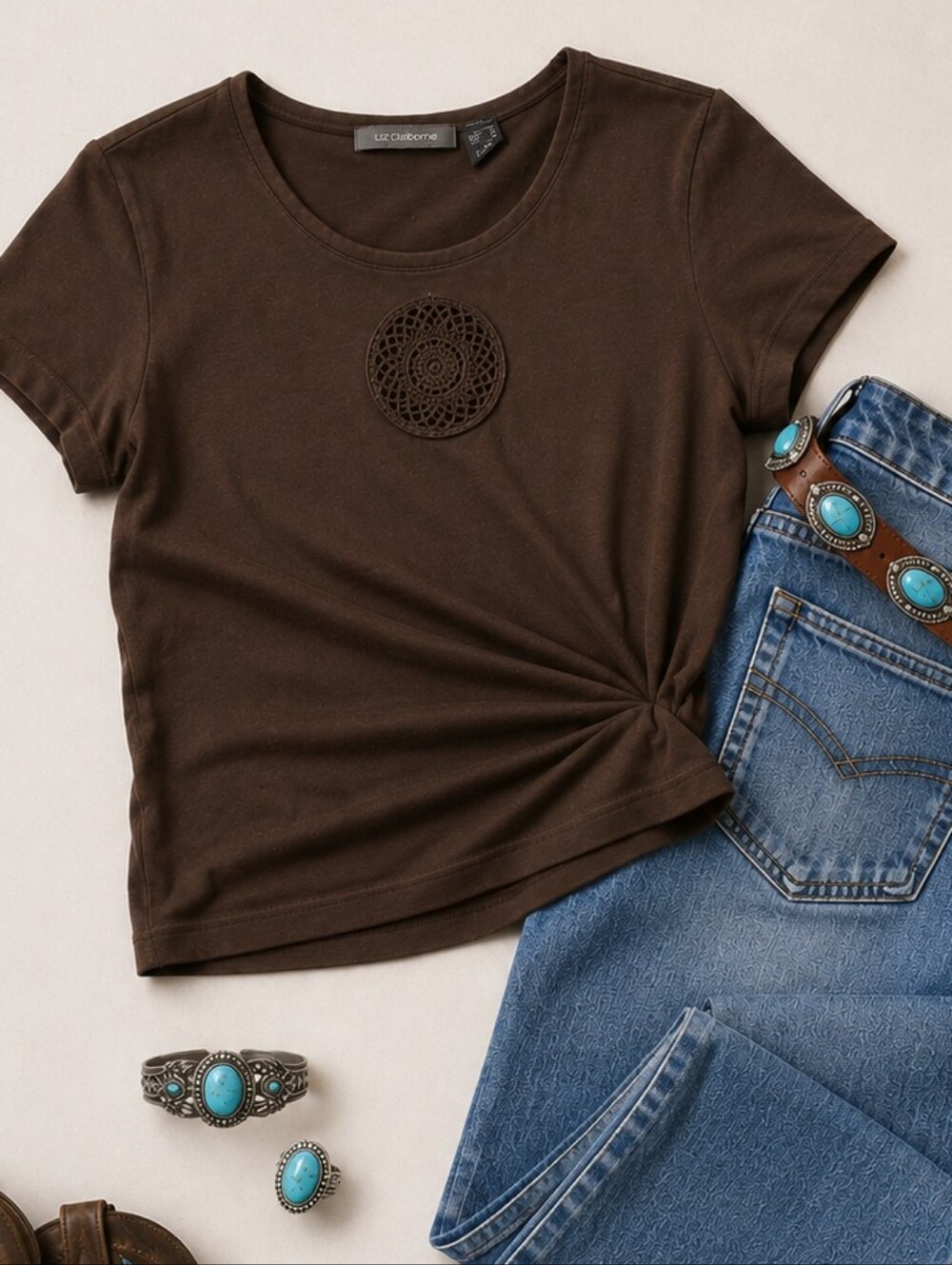 Liz Claiborne Brown Short-Sleeve Tee with Crochet Medallion - Picture 1 of 5